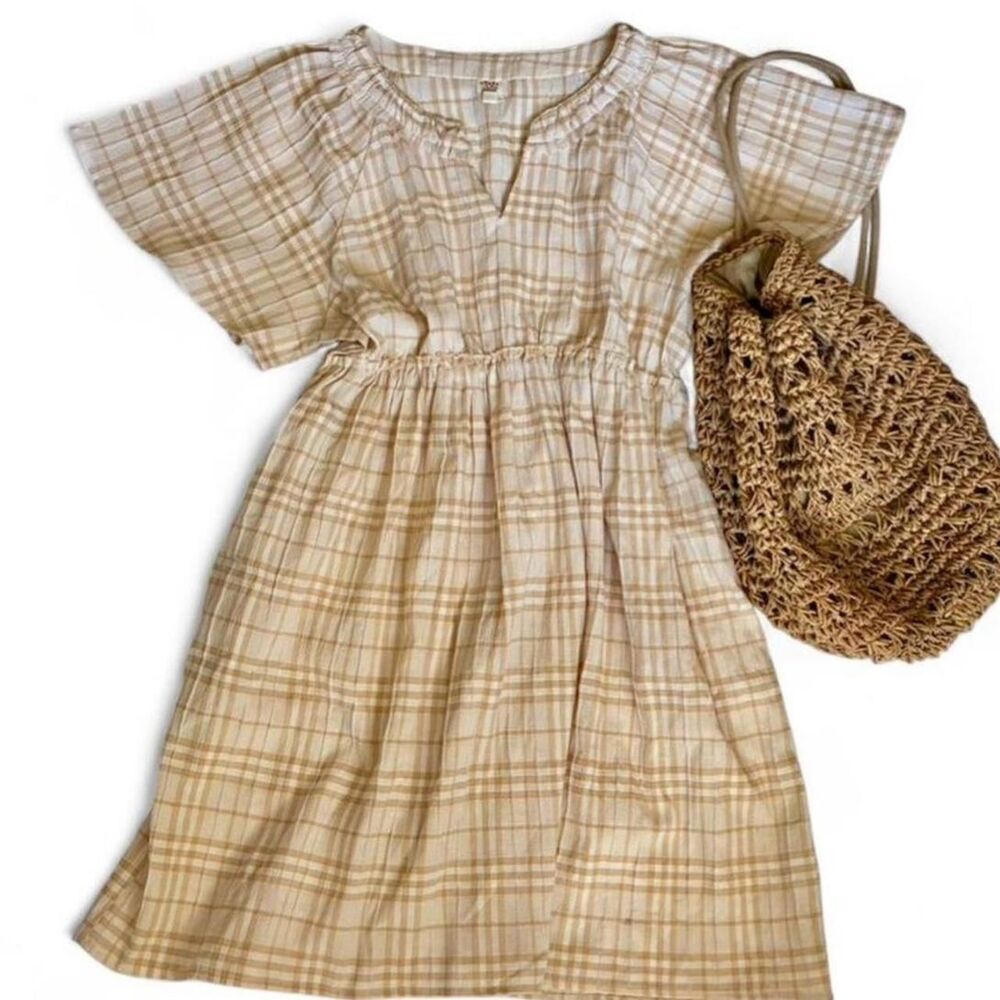 Adorable Cottagecore Tan Plaid Babydoll Mini Dress